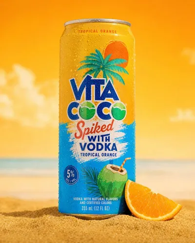 A professional product photography shot of a cold sparkling water