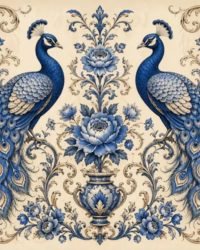 Peacock Botanical Vintage Symmetrical Art Print