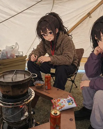Anime Campers in a Winter Tent