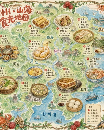 一张手绘风格的城市美食地图，以台州为主题