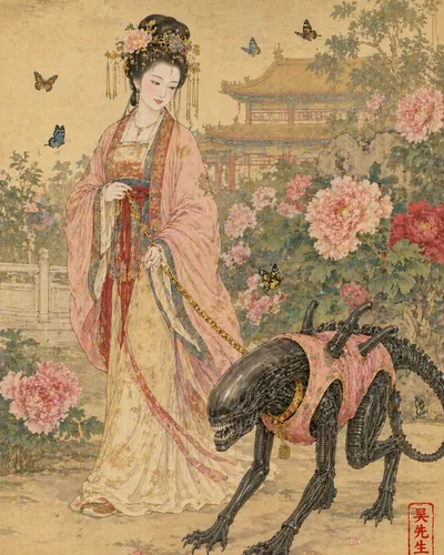 唐朝贵妇遛粉色马甲异形工笔画