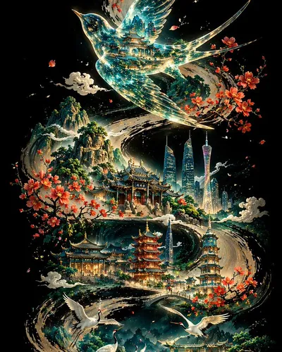琉璃透明画眉鸟飞舞羊城墨卷