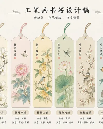 绝美国风工笔画书签设计