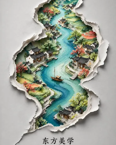 裂痕里的水墨东方山水画卷