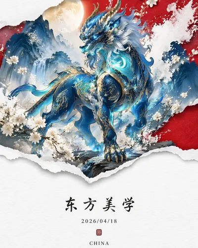 荧光蓝穷奇新中式山水画
