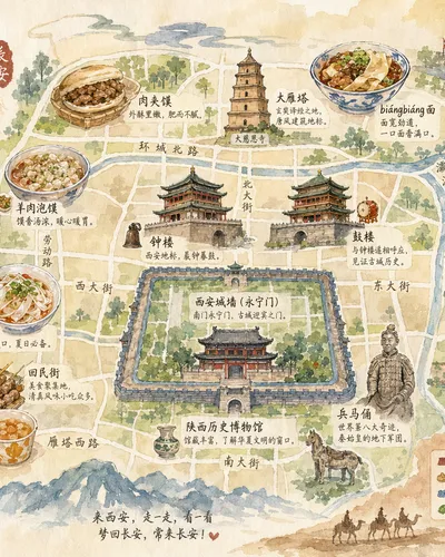 西安手绘水彩城市地图
