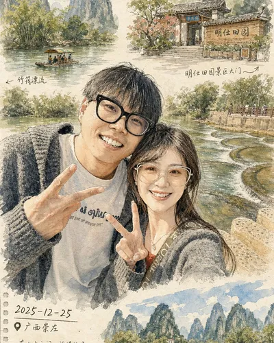 旅游照水墨明信片